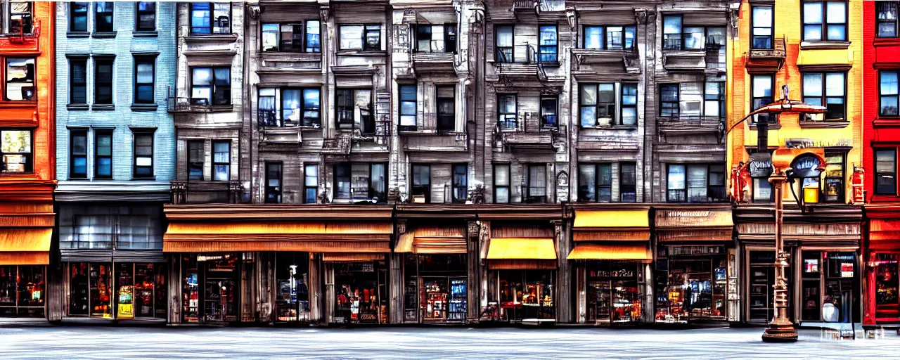 Image similar to building facade. storefronts. city block. new york. digital art