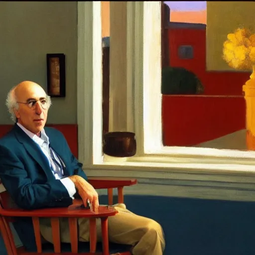 Prompt: larry david sitting on a bagel chair, edward hopper painting