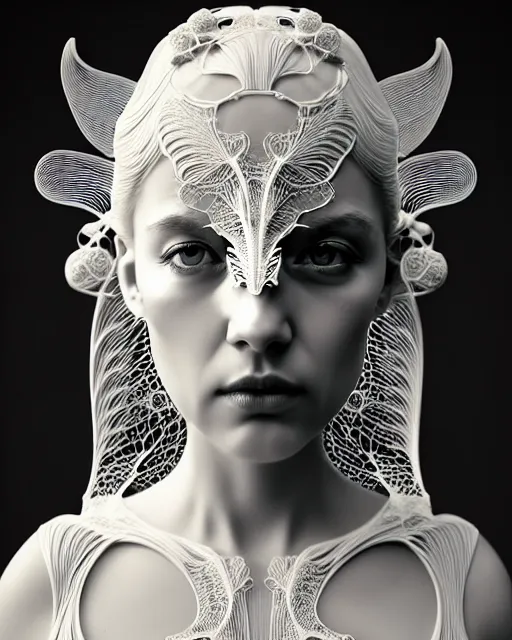 Prompt: dreamy soft bw 3 d render, beautiful angelic biomechanical albino girl cyborg with a porcelain profile face, rim light, big leaves and stems, roots, fine foliage lace, alexander mcqueen, art nouveau fashion embroidered collar, steampunk, silver filigree details, hexagonal mesh wire, mandelbrot fractal, elegant, artstation trending