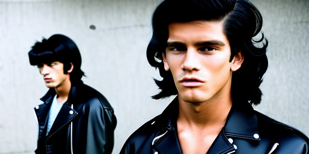 Prompt: a young thug like male teen wearing a black leather jacket has long black hair, 6 0 s era, film still, anamorphic lens, inspired by the outsiders