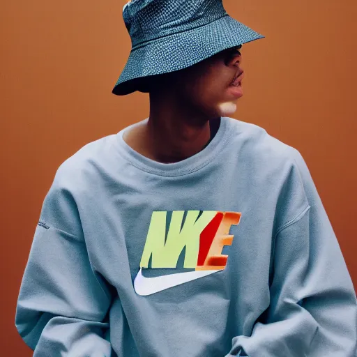 Image similar to realistic photoshooting for a new nike acg lookbook, color film photography, portrait of a beautiful woman, model is wearing a bucket hat, photo in style of tyler mitchell, 3 5 mm,