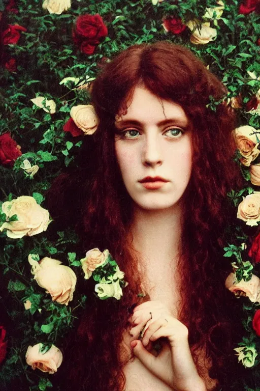 Image similar to pre-raphaelite heavy metal girl with dark hair and roses in the background, blurred detail, photo by Annie Leibovitz, 80's