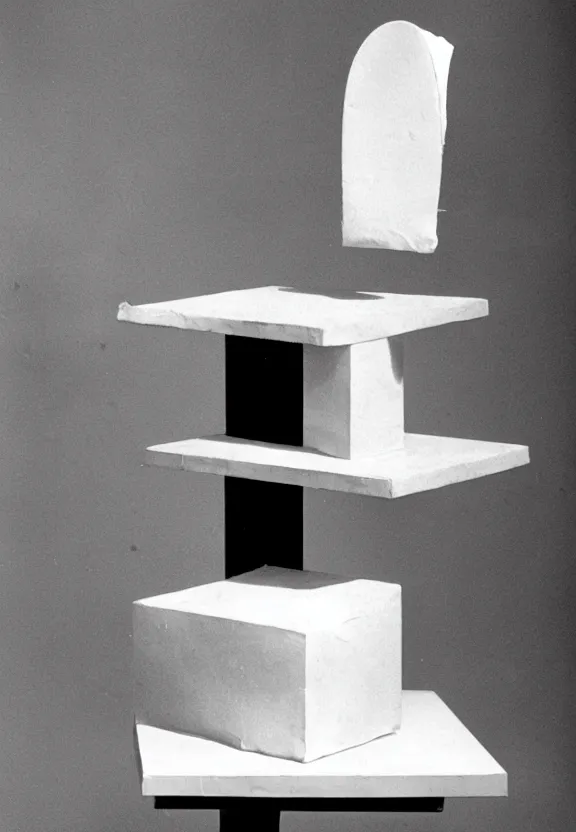 Image similar to a white object with writing on it sitting on a table, a surrealist sculpture by marcel duchamp, archival pigment print, 1 9 1 4, conceptual art, artwork, academic art, surrealist