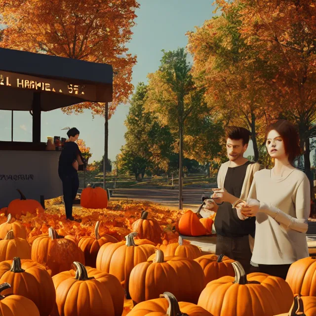 Image similar to pumpkin headed people ordering coffee at a coffee stand, red maple trees with fall foliage, volumetric, realistic, cinematic lighting, ray tracing, unreal engine 5, octane render, hyper realistic, photo, 8 k