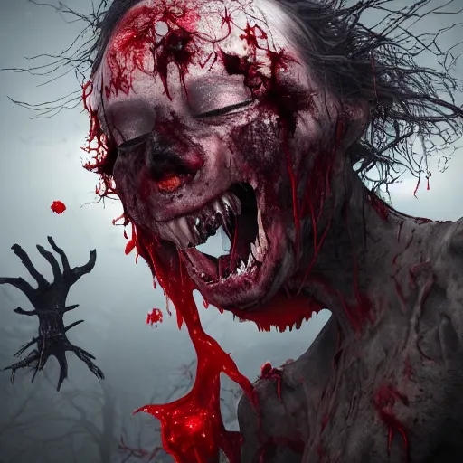 Image similar to A realistic detailed photo of a creepy witch, blood, exploded belly, red eyes, destroyed body, dead skin, dead trees, detailed body, teeth filled with cavities, foggy landscape, creepy, light particles, detailed light, realistic shaders, trending on artisation, detailed textures, detailed, realistic.