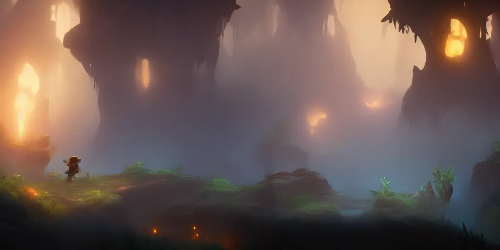 Image similar to huge dark cave with cinematic lighting in the style of ori and the blind forest, 4k, 8k