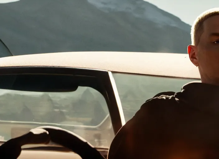 Image similar to a very high resolution image from a new movie, eminem driving a car. inside of a car. alone. mountains, directed by wes anderson