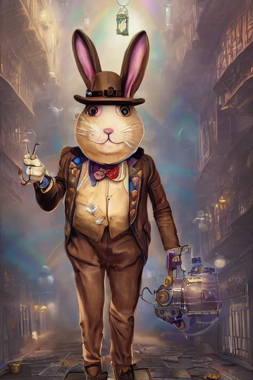 Image similar to ultra realist soft painting of a single steampunk humanoid rabbit detective, crime scene, very intricate details, volumetric rainbow lighting, reflections, refractions, symmetry accurate anatomy features, fantasy background, unreal render