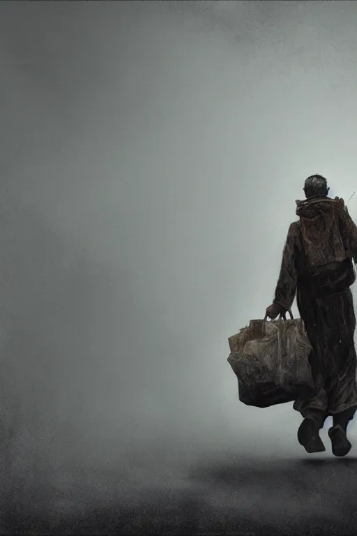 Prompt: man carrying many bags full of groceries, walking in a post - apocalyptic abandoned city, zdzislaw beksinski, lewis jones, dariusz zawadzki, wayne barlow, cold hue's, warm tone gradient background, concept art, digital painting