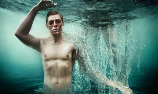 Image similar to full shot of a man made of water, photorealistic, cinematic lighting, 8 k, extremely detailed photograph by jamie baldridge