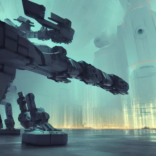 Image similar to six meter tall mech firing at tanks, futuristic city, mechanized art concept, 3 d render, marble statue