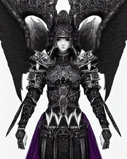 Image similar to Detailed portrait of the strangest angel, black and white armor!!, unique design, by Yun Taek Oh, fine details, pretty face, beautiful violet eyes, inside a palace, perfect, colorful background!!!, 8k high detail, intricate, sharp focus, masterpiece, trending on artstation