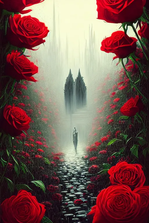 Image similar to poster style, a beautiful and terrifying painting with high details of reaper's garden with red fluid white roses in the foreground, movie atmosphere, movie lights, 8 k, light effect, rtx on, trending on artstation, by kilian eng, lee madgwick, bastien lecouffe - deharme