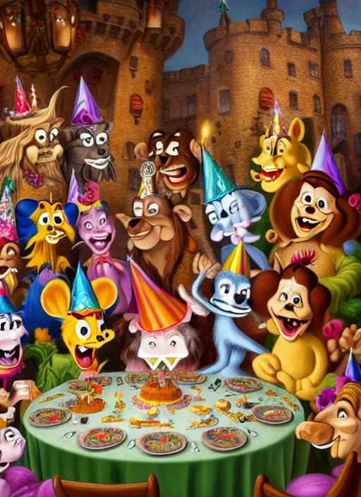 Image similar to highly detailed group closeup portrait of max fleischer cartoon animals having a birthday party banquet in a castle, unreal engine, max fleischer, nicoletta ceccoli, mark ryden, earl norem, lostfish, global illumination, god rays, detailed and intricate environment