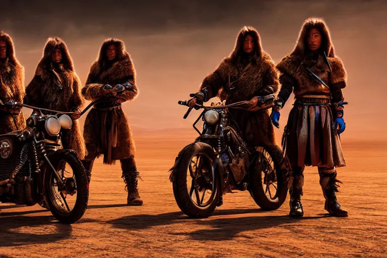 Image similar to vfx film closeup, futuristic mongolian biker warriors, sci - fi mongolian village, robot stand - off, flat color profile low - key lighting award winning photography arri alexa cinematography, hyper real photorealistic cinematic, atmospheric cool colorgrade