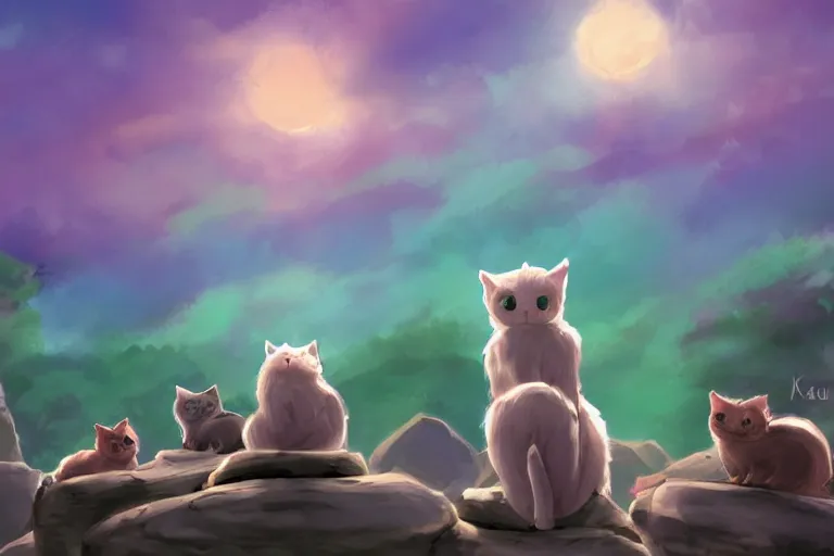 Image similar to cat standing on a rock in front of a crowd of cats, dramatic, backlighting, digital art, trending on furaffinity, by kawacy, fanart