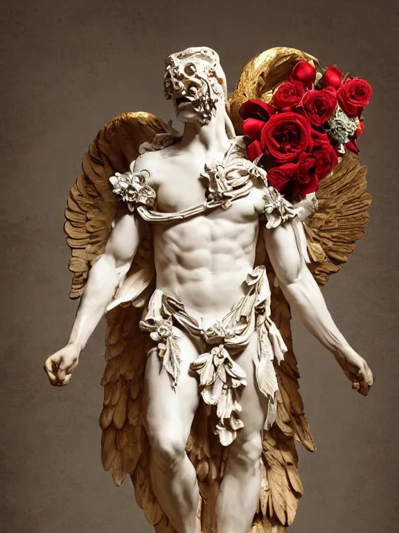 Prompt: a icarus with wings in the form of a Greek sculpture with a mask in the form of a skull and wreath of flowers, roses in hands, dressed in a flower dress, stands in the pose of a super hero on a golden stone, silk, fabric, birds, flowers. red plastic. baroque elements, human skull. full-length view. baroque element. intricate artwork by caravaggio. many many birds birds on background. Trending on artstation. halo. octane render, cinematic, hyper realism, octane render, 8k, depth of field, bokeh. iridescent accents. vibrant. teal and gold and red colour scheme