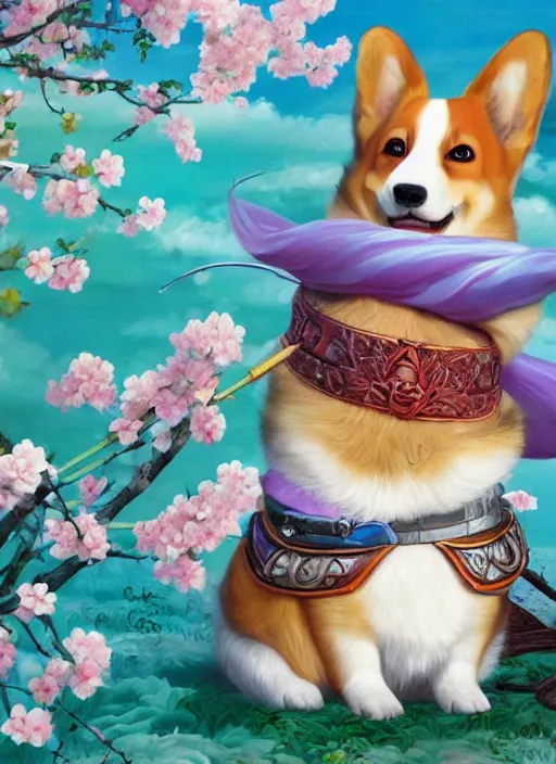 Prompt: beautiful fantasy painting of a Corgi Samurai in sakura field, by Afarin Sajedi, Alessandro Barbucci, Alex Gross, WLOP, Shohei Otomo, Josan Gonzalez, Kieron Gillen. trending on Artstation, 8k, masterpiece, face enhance, graffiti paint, fine detail, full of color, intricate detail, golden ratio illustration