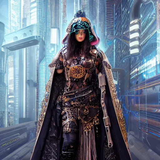 Prompt: beautiful cyberpunk warrior queen with ornate cloak, highly detailed, 4k, HDR, smooth, sharp focus, hyper realistic, high resolution, award-winning photo