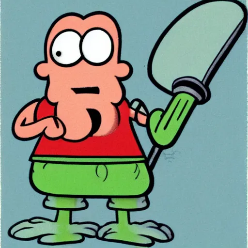 Image similar to squidward from spongebob squarepants with hair, holding a hammer, by stephen hillenburg