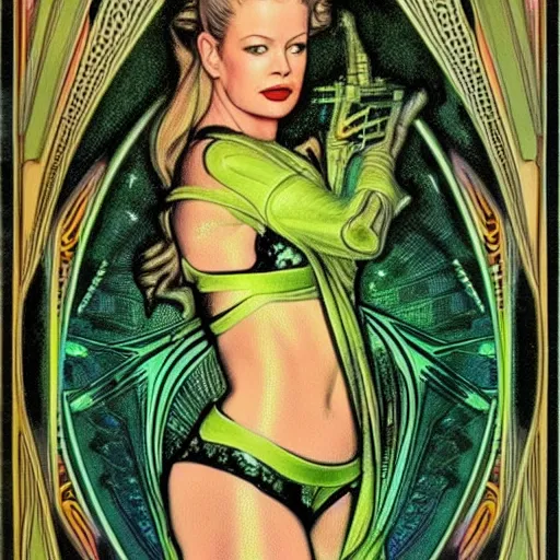 Prompt: young Jeri Ryan in the role of Seven of Nine the Borg from star trek, art nouveau, amazing details, intricate details, beautiful ,insane details , tarot card, black paper, neon green, fractal system circuit , in the style of Alphonse Mucha,