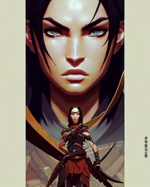 Image similar to azctec warrior, megan fox, detailed perfect face, exquisite details, fire magic, mid view, design on a white background, by studio muti, greg rutkowski makoto shinkai takashi takeuchi studio ghibli