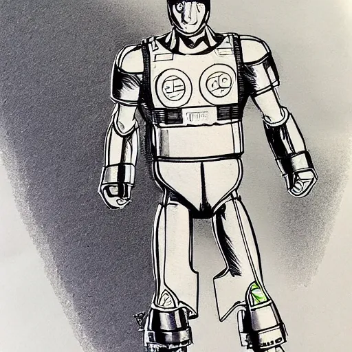 Image similar to industrial design sketch of an 1 9 8 0's kenner action figure. copic marker sketch. hand drawn.