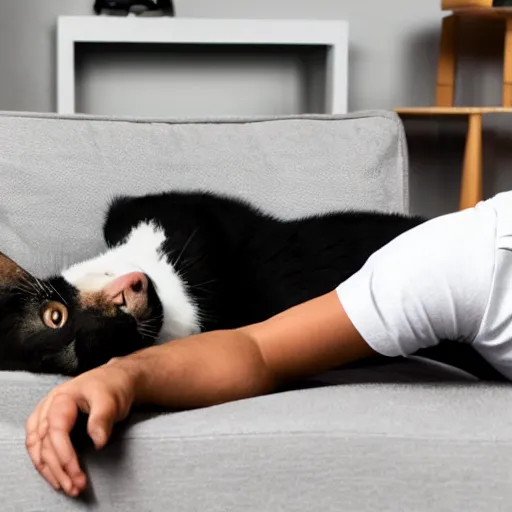 Prompt: man laying face down on a couch, the man is wearing black shirt and blue shorts, a black and white cat is climbing on him