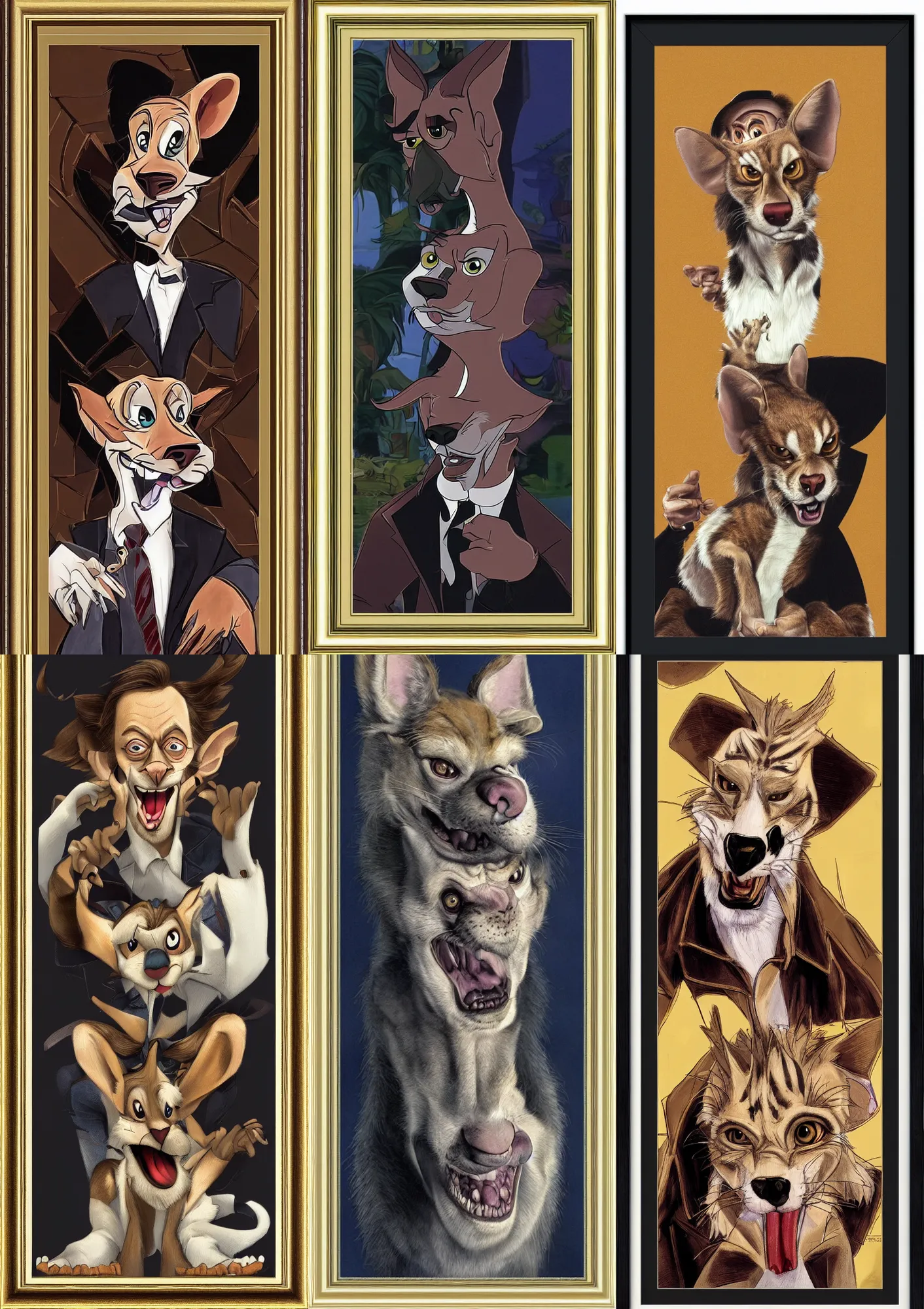 Prompt: a portrait of steve buscemi as a furry by Don Bluth , dutch angle, gold Framed, 8k