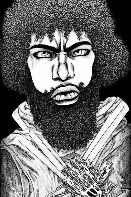 Prompt: black man with afro hair and raspy beard stubble as a knight, highly detailed, anatomically correct, black and white, manga, art by kentaro miura