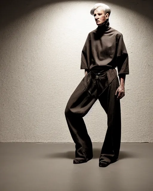 Image similar to an award - winning photo of an ancient male model wearing a plain boot cut flared distressed medieval designer menswear trousers designed by issey miyake, 4 k, studio lighting, wide angle lens, 2 0 0 4