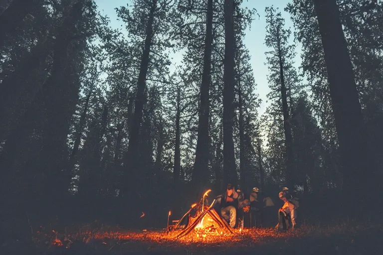 Prompt: campfire, night in a dark forest, cinematic lighting, low angle photography, wide shot, hyperrealistic, 8k