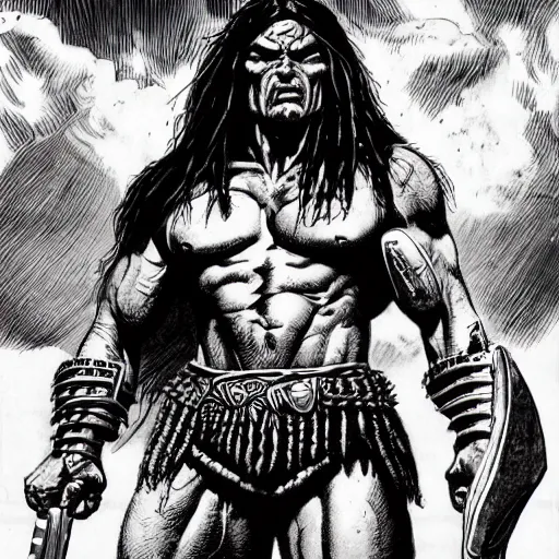 Prompt: precisely drawn illustration of Conan blended with Predator, wide angle, sharp, fine details, French comic style, vibrant realistic colors, full color, heroic fantasy, intense line art, 8k, precise linework, realistic, in the style of Heavy Metal Comics and Richard Corben and Moebius
