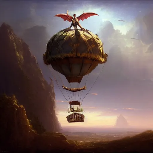 Image similar to a medievalpunk flying vehicle with an air balloon and bat like wings, matte painting, by thomas Cole, James Gurney, Craig mullins, RHADS, Trending on Artstation