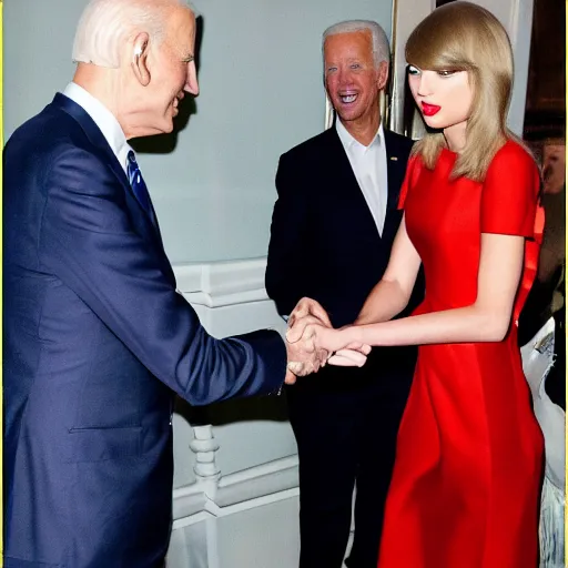 Image similar to taylor swift shaking hands with joe biden, 8 k uhd, cover of vouge magazine