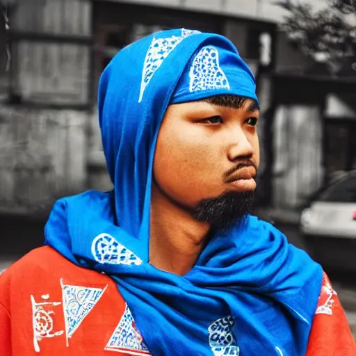 Image similar to crips gang member with batik bandana and parang rusak logo in their hood - realistic - photorealistic - hd - trending hood photos of the year - ilustrator - detailed - real clear