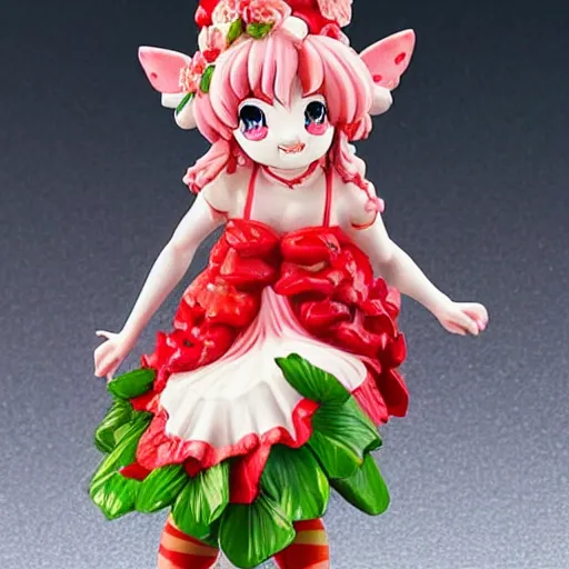 Image similar to a femo figurine of a cute funny strawberry fairy with a frilly floral dress featured in genshin impact