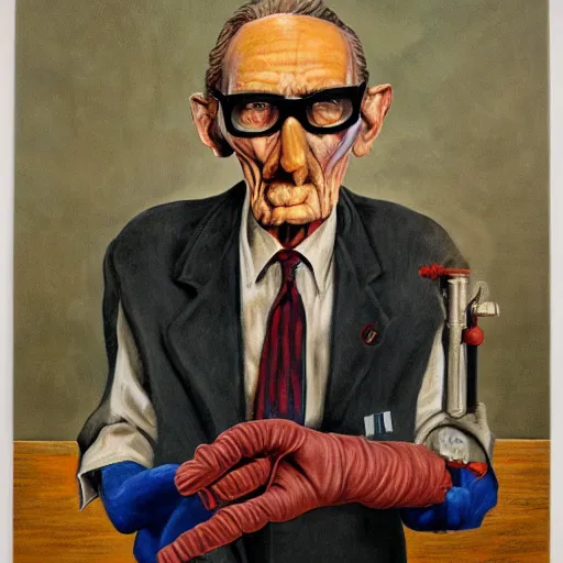 Prompt: beautiful lifelike painting of william burroughs wearing technical gloves, hyperreal detailed facial features and uv lighting, art by ed roth and basil wolverton