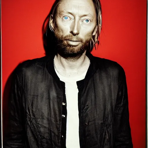 Prompt: Thom Yorke, a man with a beard and a black jacket, a portrait by John E. Berninger, dribble, neo-expressionism, uhd image, studio portrait, 1990s