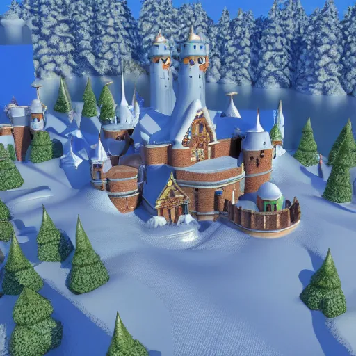 Prompt: 3D Mario 64 castle aerial view, 4k, winter