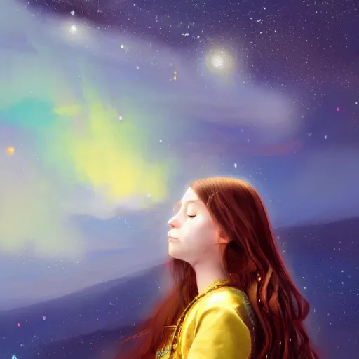 Prompt: A beautiful illustration of a young girl with long flowing hair, looking up at the stars. She appears to be dreaming or lost in thought. mariachi, medieval parchment by Scott Naismith, by Lorenz Hideyoshi, by Michael Whelan vfx, beautiful