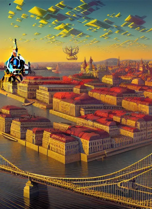 Image similar to hyper detailed 3d render like an Oil painting - Budapest by Jacek Yerka, Mariusz Lewandowski, Houdini algorithmic generative render, Abstract brush strokes, Masterpiece, Edward Hopper and James Gilleard, Zdzislaw Beksinski, Mark Ryden, Wolfgang Lettl, hints of Yayoi Kasuma, octane render, 8k