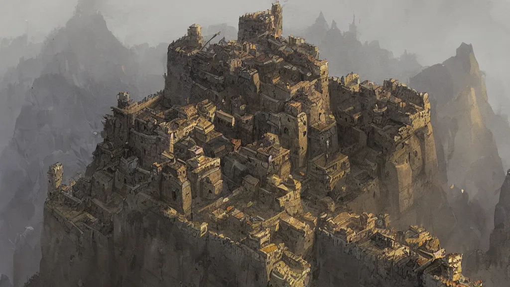 Prompt: top down view of fortified mountain bastion with small flagposts, papyrus, watercolored, jakub rozalski, dark colours, dishonored, artstation