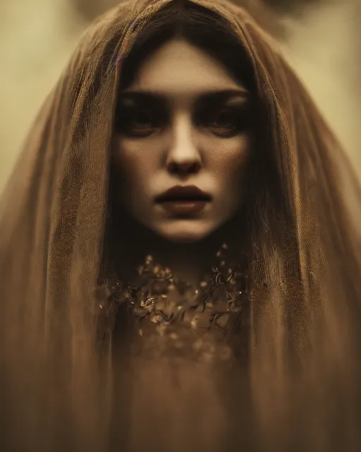 Image similar to beautiful insanely detailed portrait of a dark and mysterious oracle female, 35mm, cinematic shot, photorealistic, hard light, depth of field