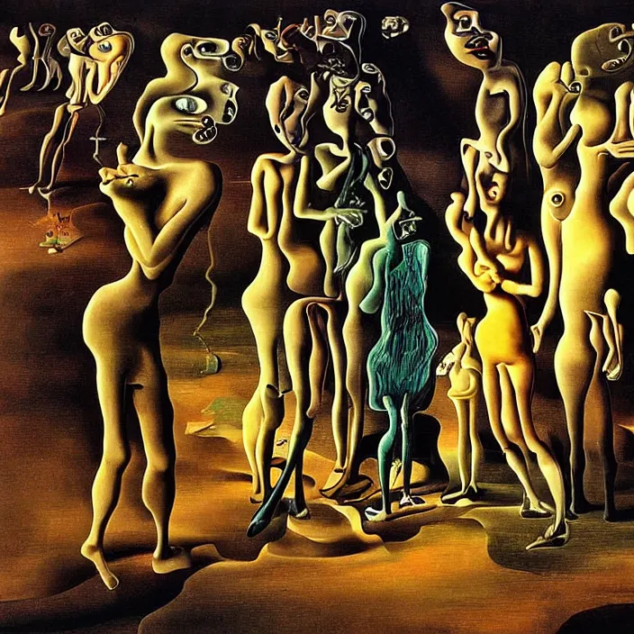 Image similar to a group of characters crying in a surreal environment by salvador dali, highly detailed