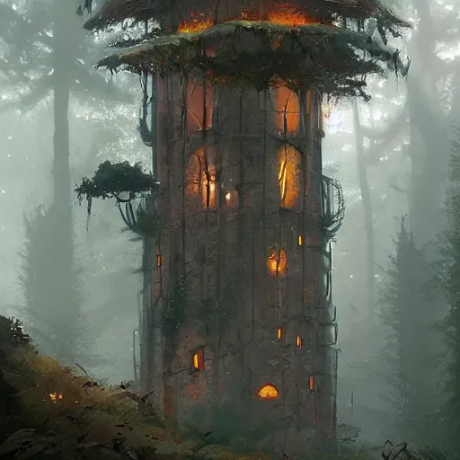 Image similar to a magical tower in the middle of the woods, magical forest, by Jordan Grimmer and greg rutkowski, crisp lines and color,