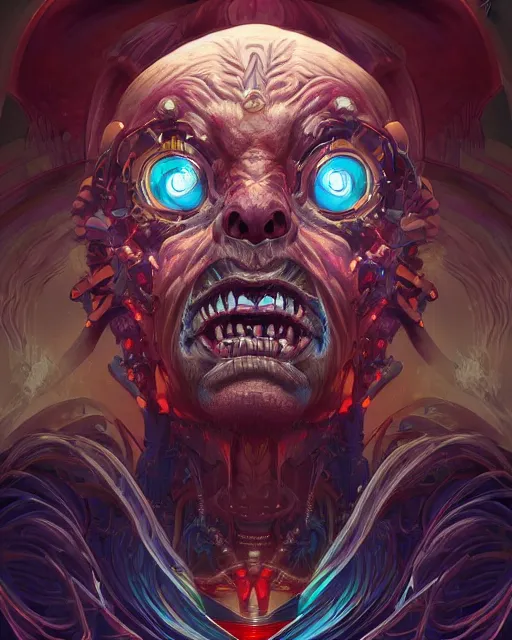 Prompt: a stunning portrait of the demonic cyborg deity, digital art by Dan Mumford and Peter Mohrbacher, highly detailed, trending on artstationhq