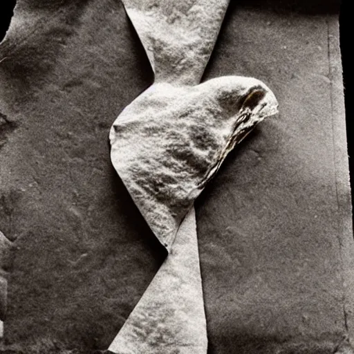 Prompt: A crumpled and burnt napkin in the shape of a heart, floating over a woman, by Lucien Clergue