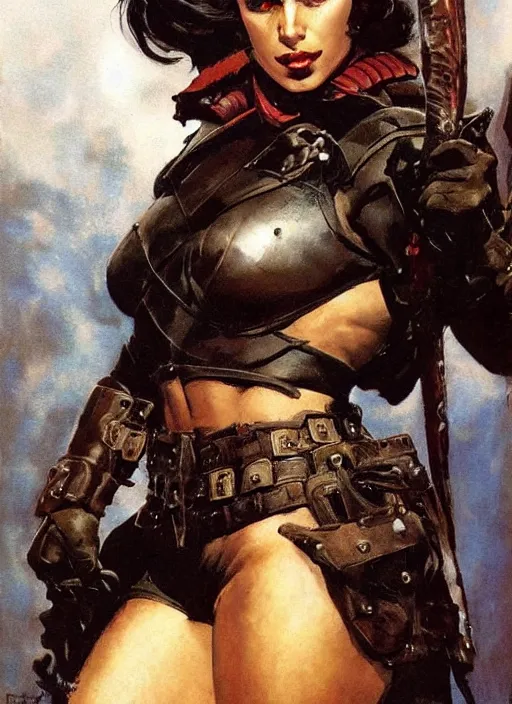 Image similar to portrait of strong female ranger, beautiful! coherent! by frank frazetta, by brom, strong line, deep color, leather armor, short buzzed hair, high contrast