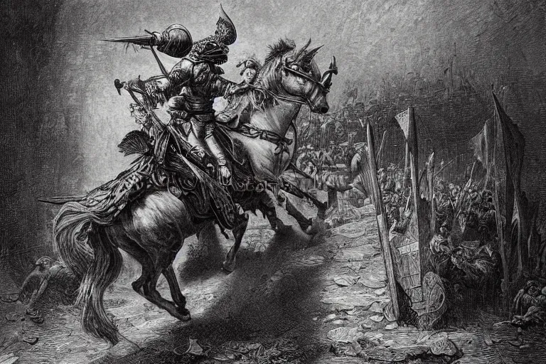 Image similar to highly detailed painting of the knight don quixote runs out of the gate in the shape of a book, symmetrical, masterpiece, highly detailed painting by gustave dore